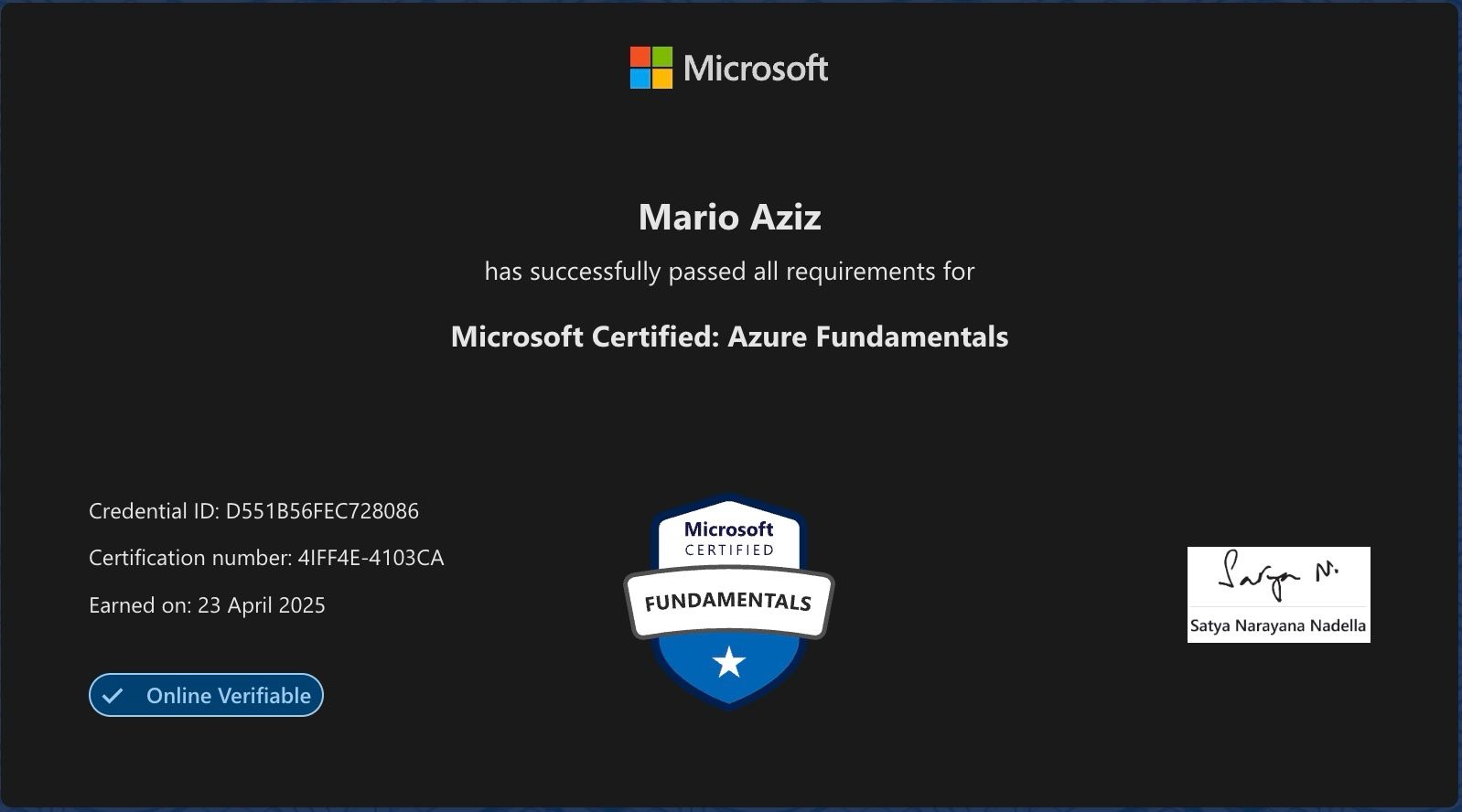 Microsoft Azure Fundamentals AZ-900 badge